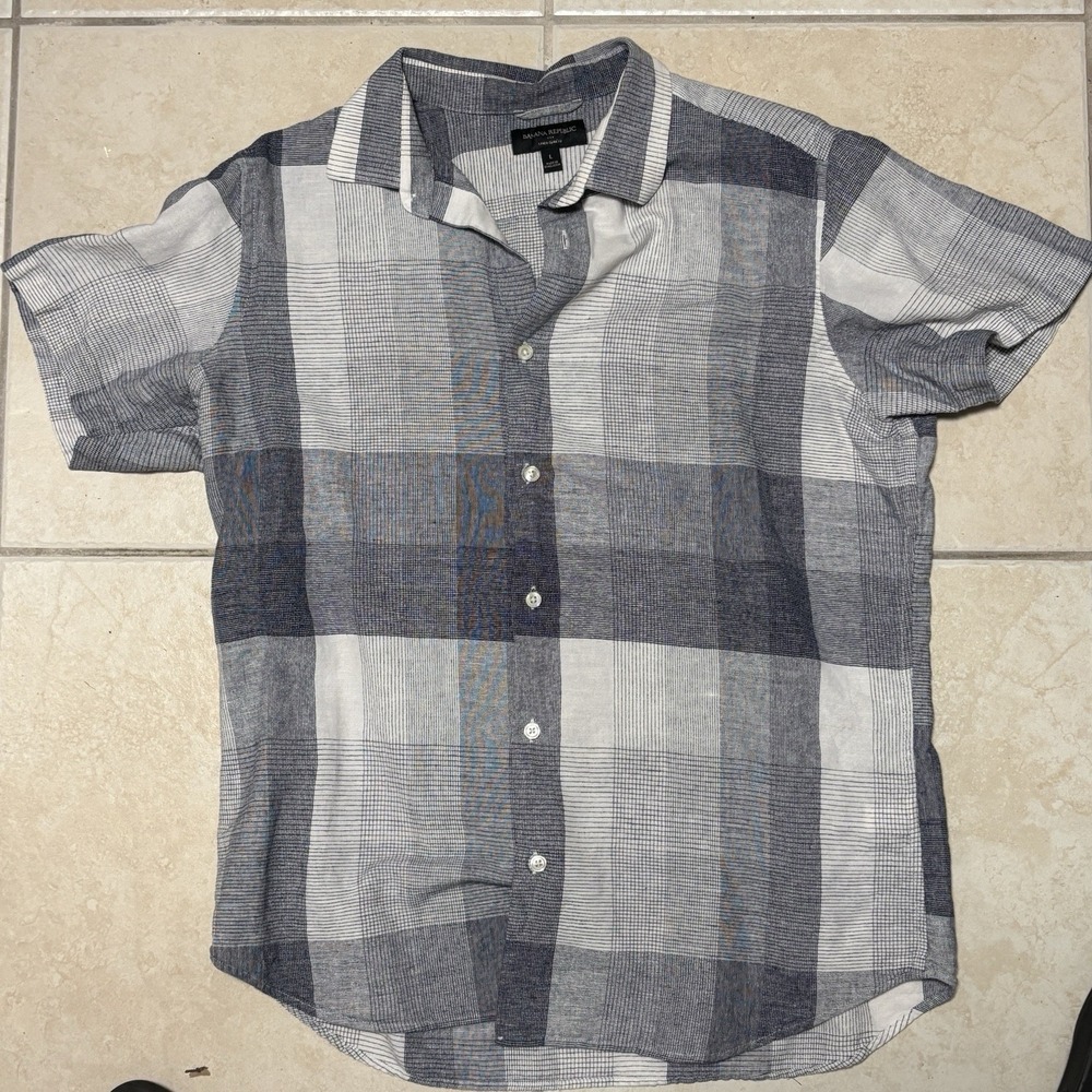 Banana Republic Shirt‎ Mens Large Blue Plaid Camp Casual Summer Beach